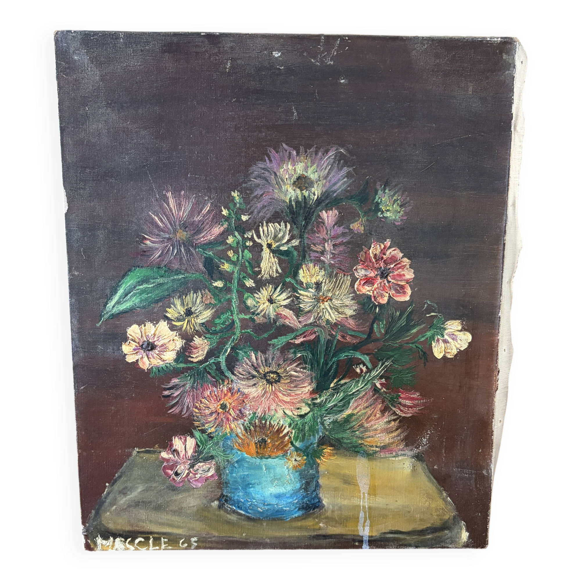 Tableau peinture originale bouquet de fleurs Lefranc vintage 1965