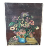 Original painting tableau of a bouquet of flowers by Lefranc, vintage 1965.