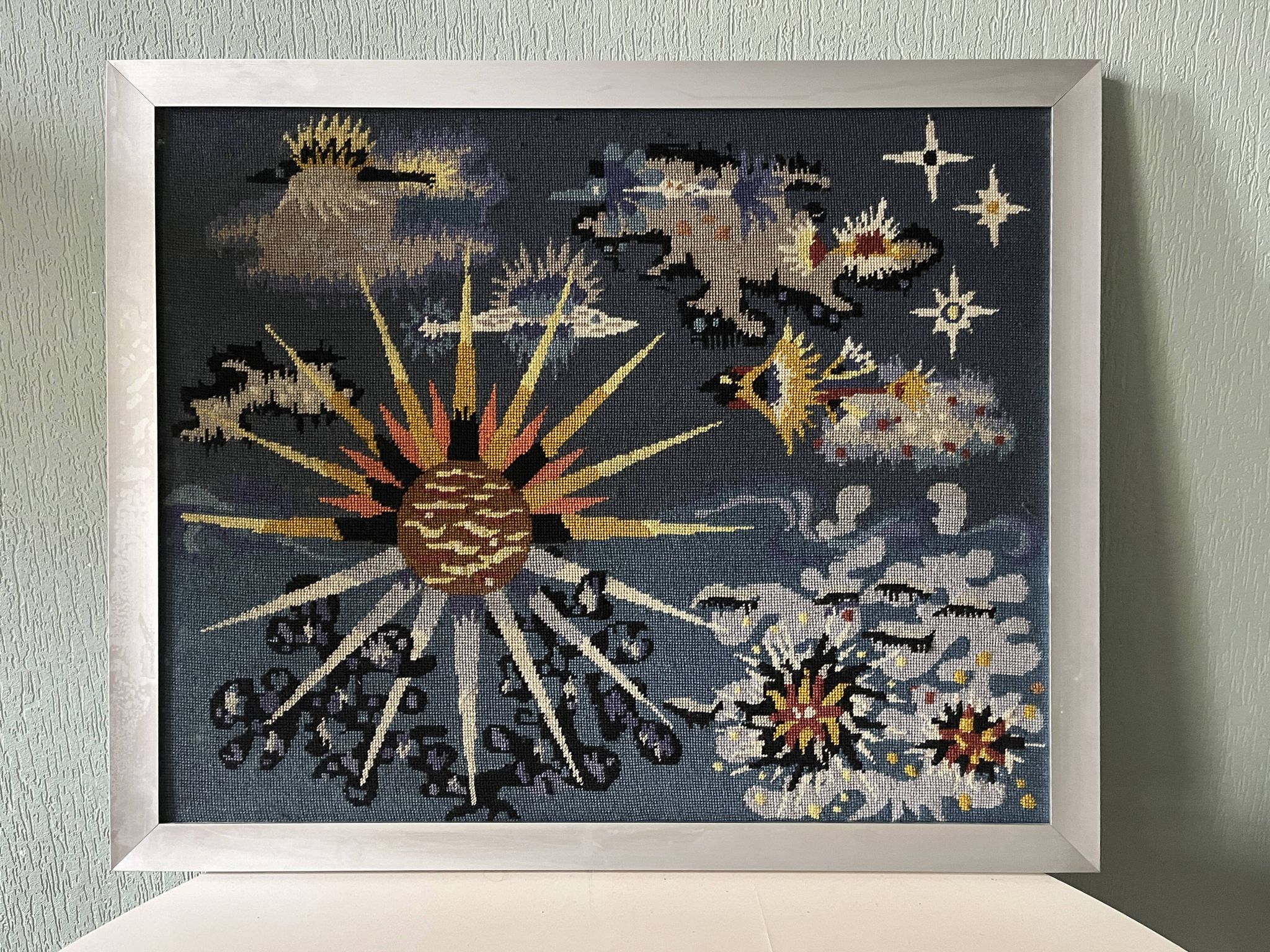 Large vintage tapestry canvas painting framed in aluminum, Lurçat Picard Ledoux style
