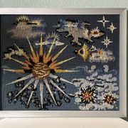 Large vintage tapestry canvas painting framed in aluminum, Lurçat Picard Ledoux style