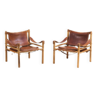 2 fauteuils Sirocco cuir marron d'Arne Norell