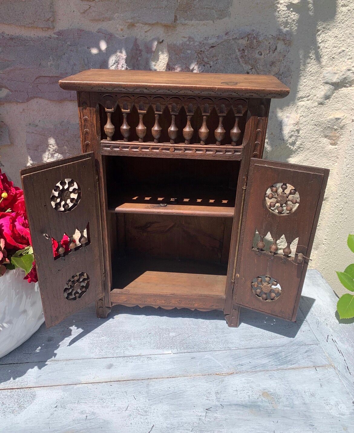 Miniature wooden wardrobe for dolls, hand-carved in Breton French style.
