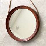 Mid Century solid teak wall mirror with a leather strap - Danish design