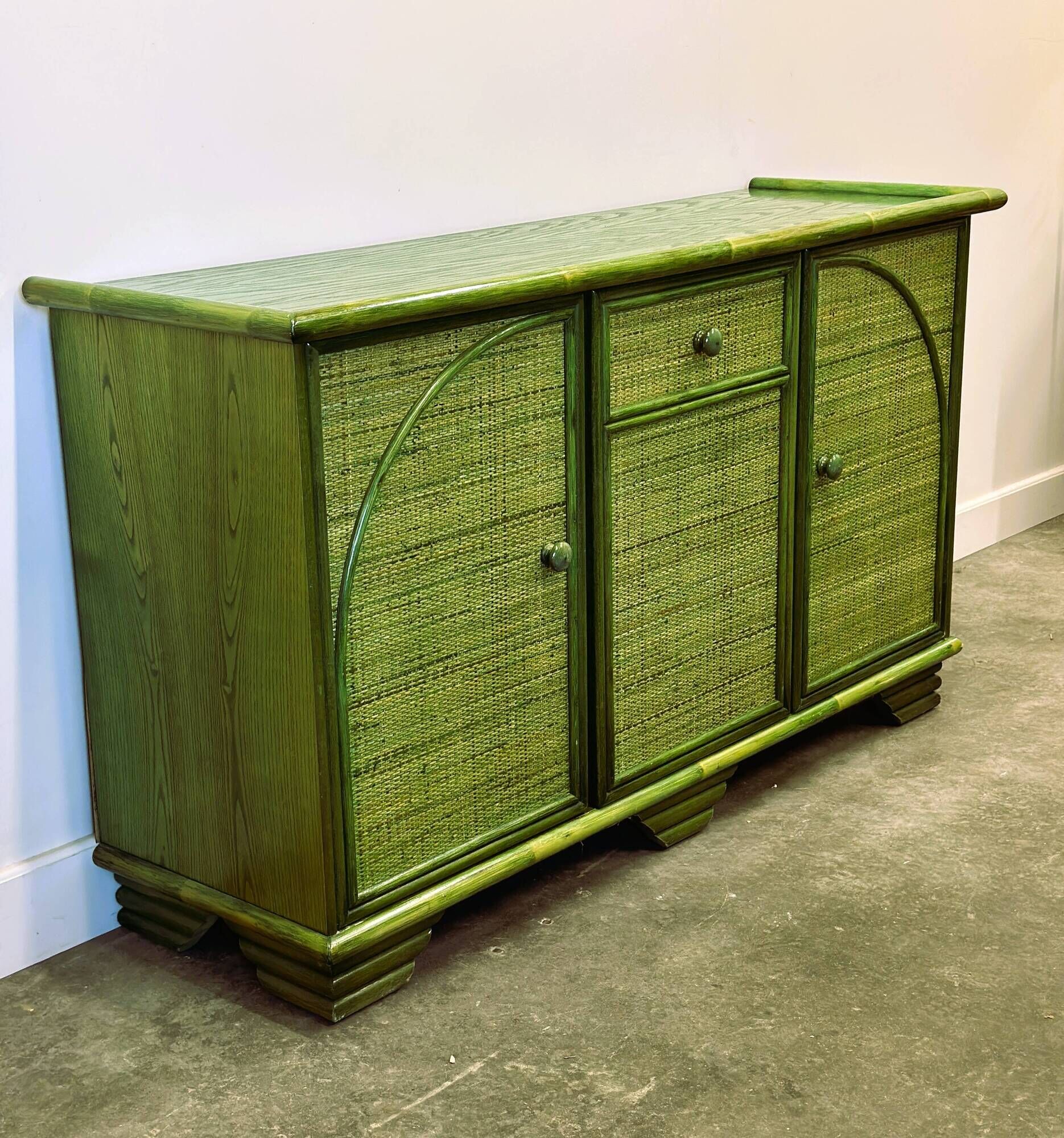 Green Vintage Rattan Sideboard By Maugrion, France, 1980s