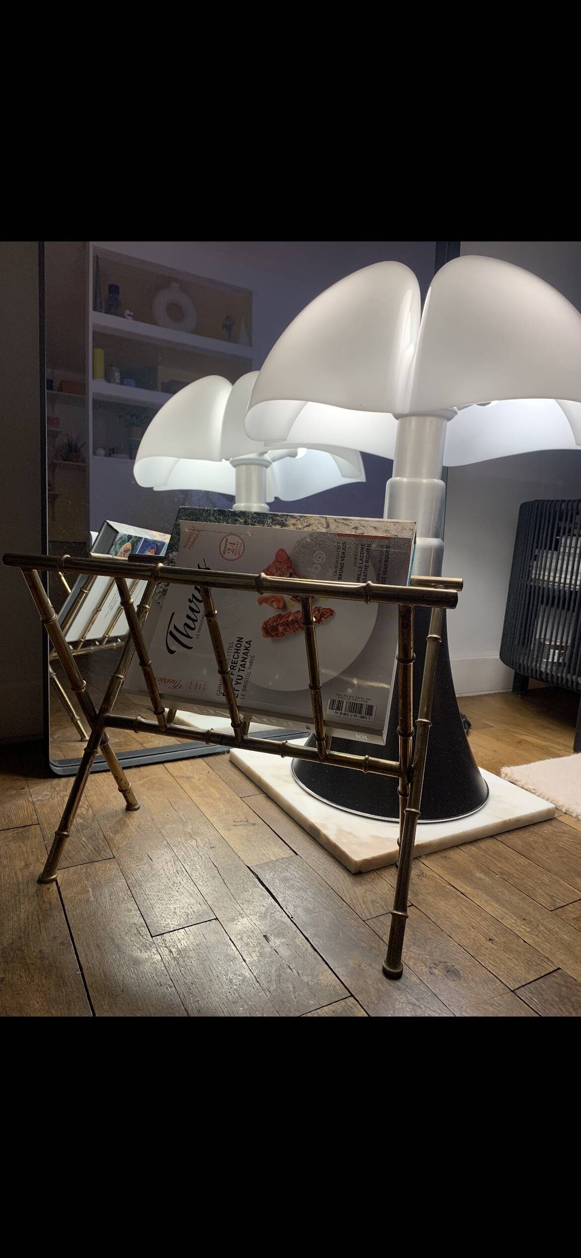 Magazine rack in the style of Jacques Adnet, bamboo model in brass.