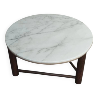 Circular Carrara marble coffee table with wooden legs 80 cm D