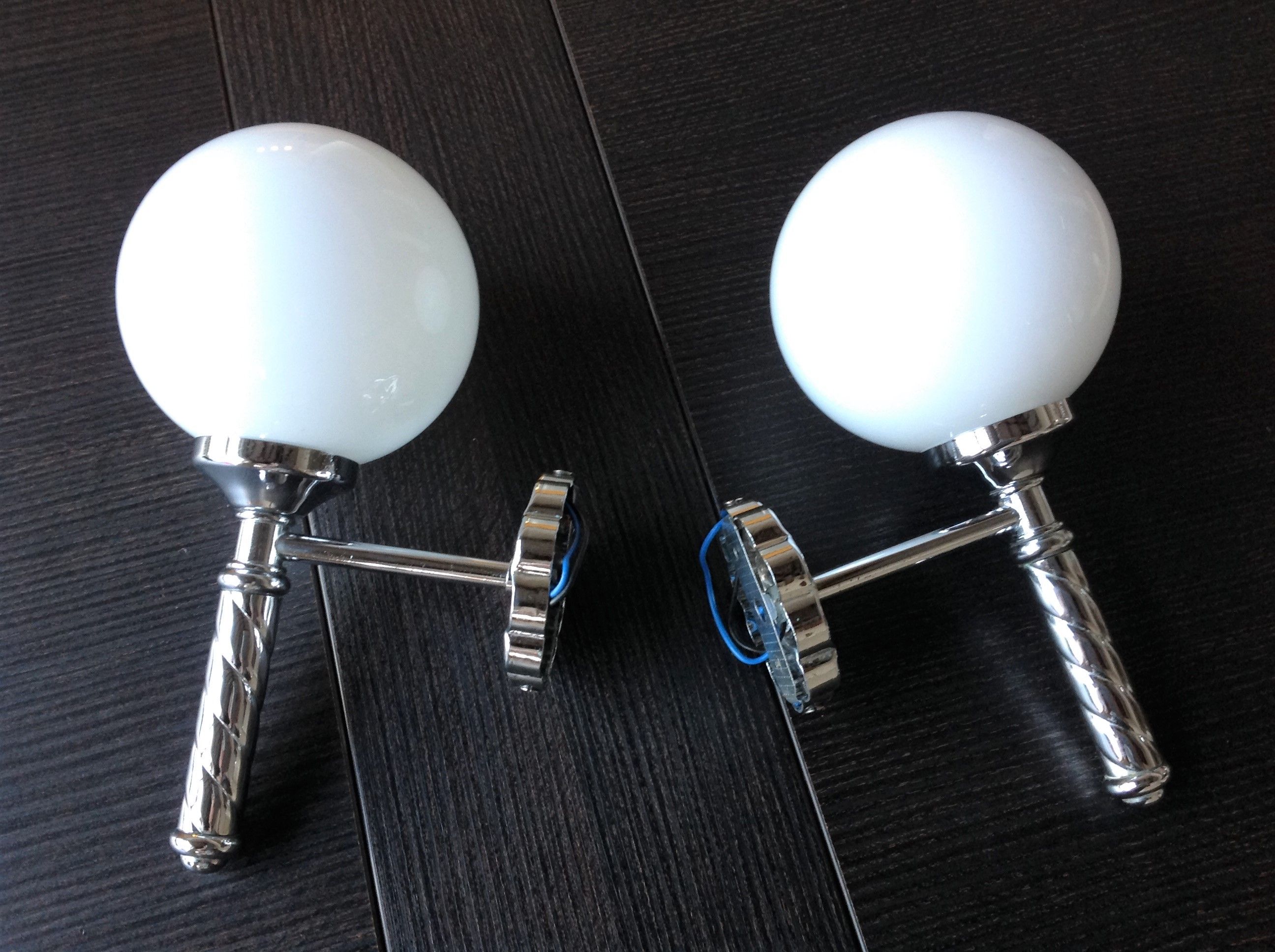 Pair of globe wall lamps in white opaline and chrome/vintage metal 70s