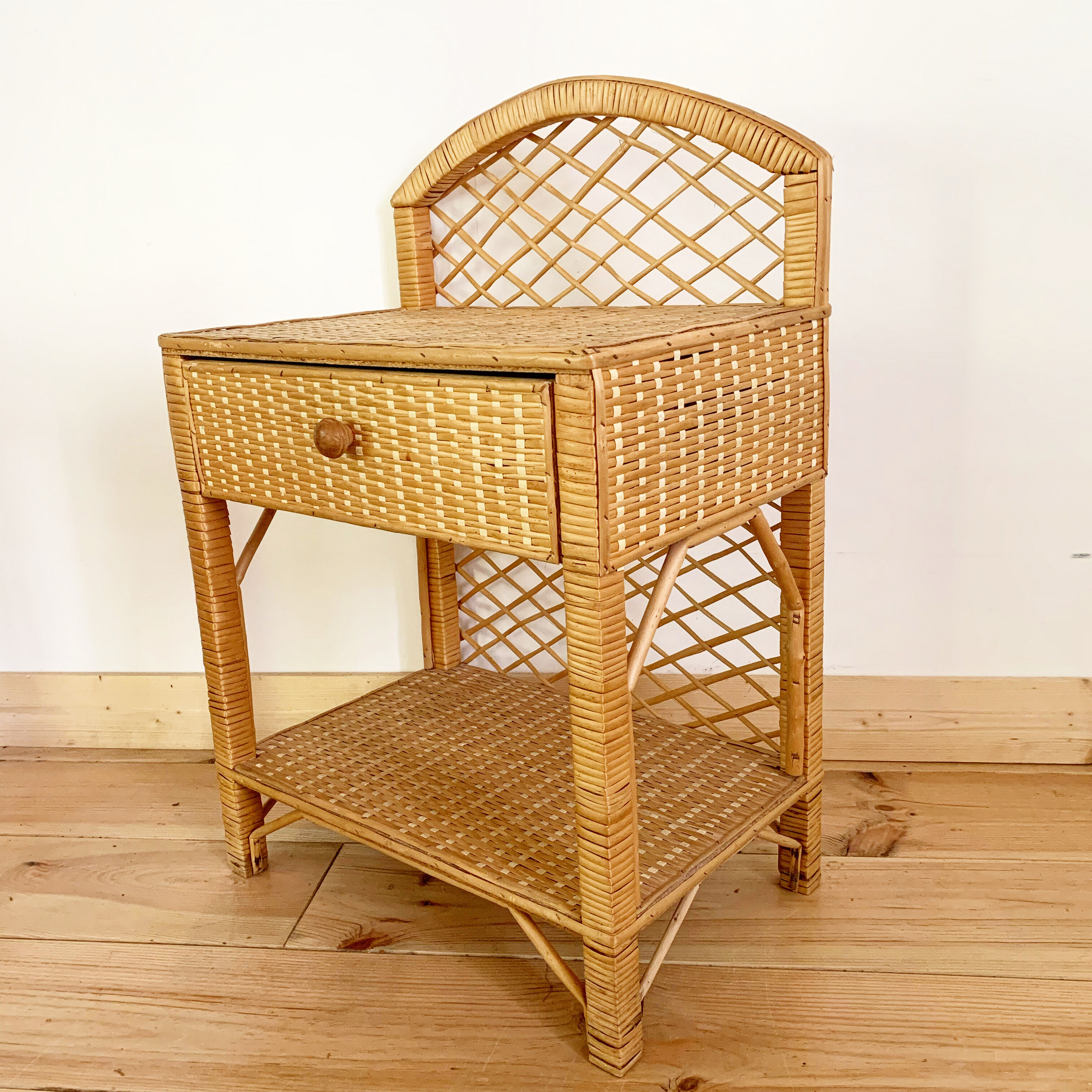 Pair of vintage wicker and rattan bedside tables