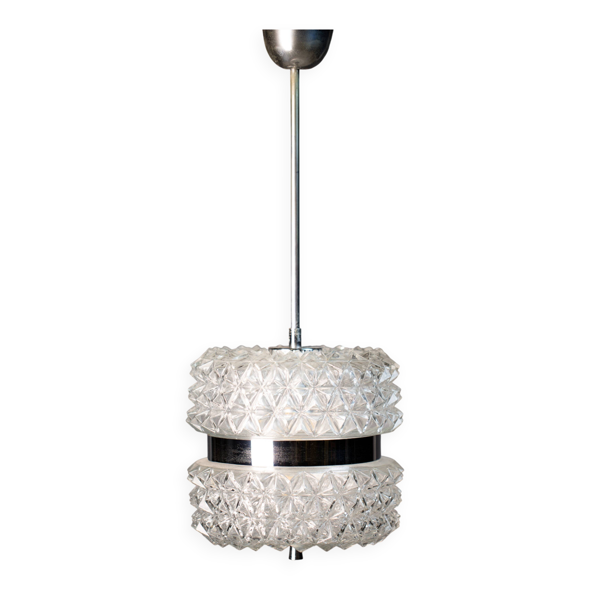 Vintage Crystal Glass Chandelier: Mid-Century Modern Austrolux Pendant Ligh