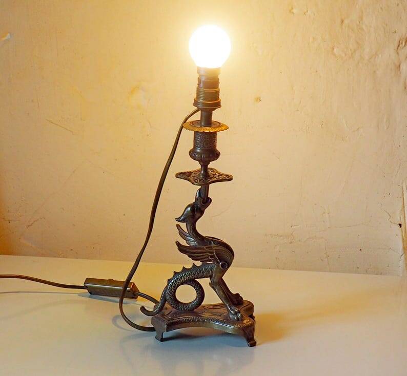 Vintage Brass Dragon Griffin Table Lamp: Mid-Century Modern Lighting