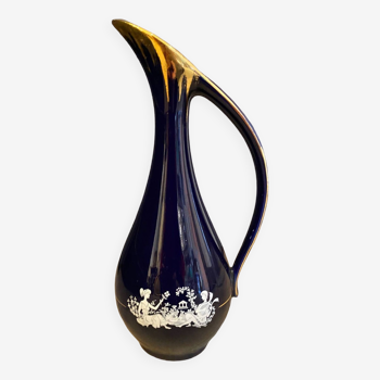 Vase aiguiere porcelaine bleu nuit avec scene galante rhodoceram