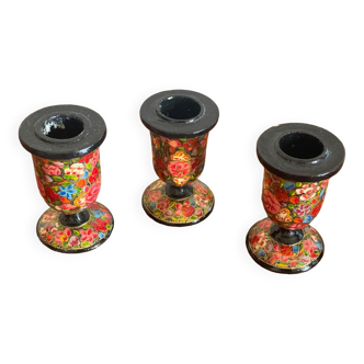 Trio of flowered wooden candle holders