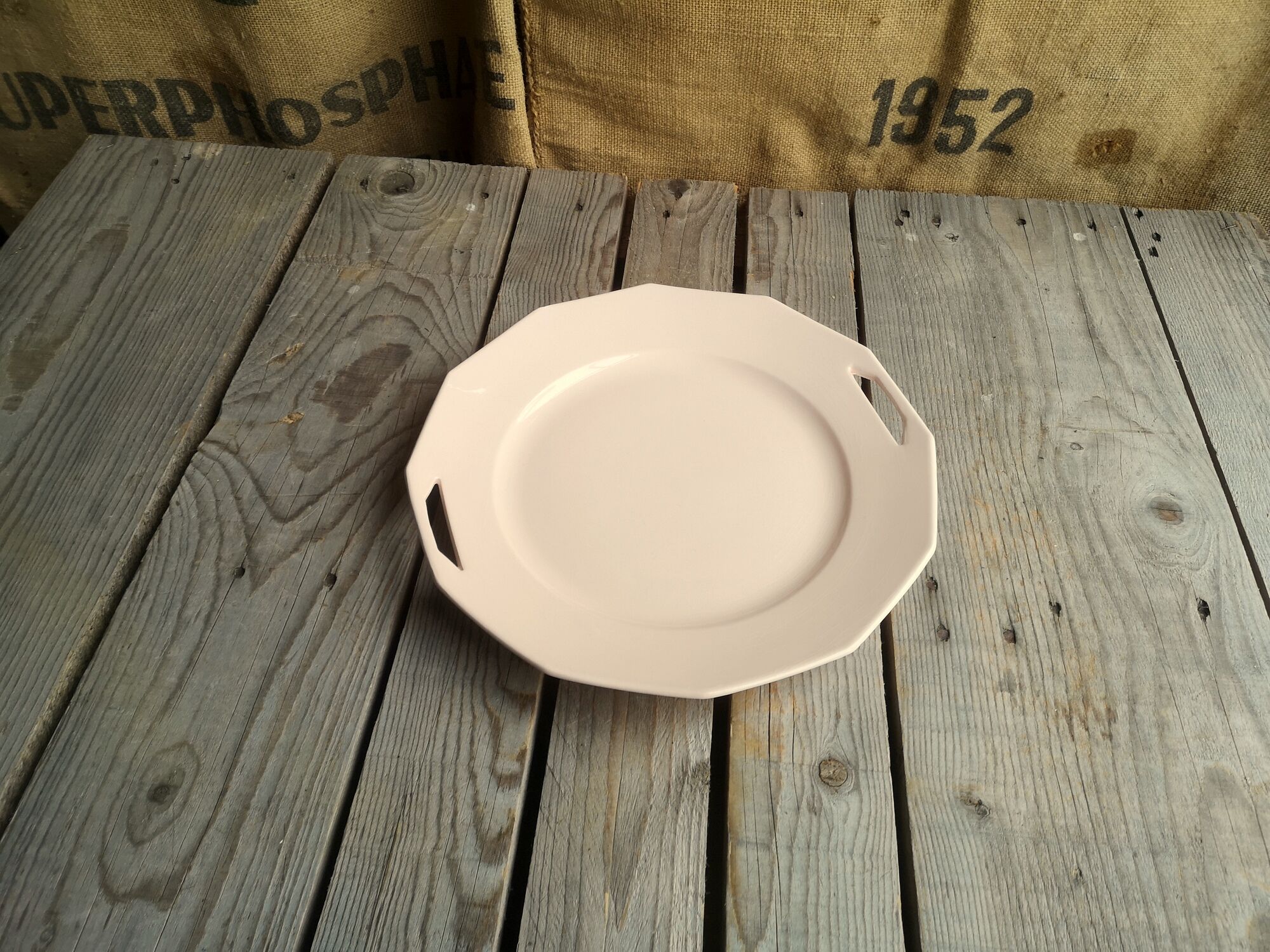 Ancient dish with anses in rose ceramics signed saint-amand