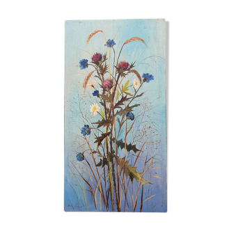 Painting modern flowers of the fields blueberries daisies wheat 85 x 44