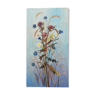 Tableau fleurs des champs bleuets marguerites blé 85 x 44