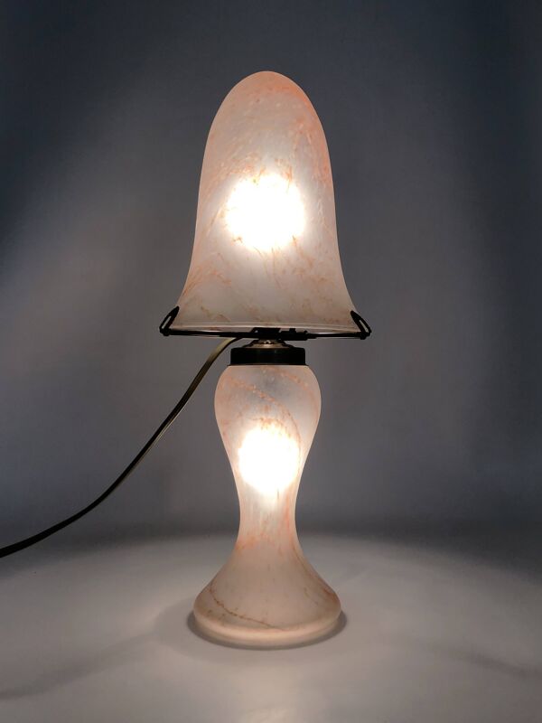 Lampe champignon en pâte de verre transparente tacheté orange à 2 feux