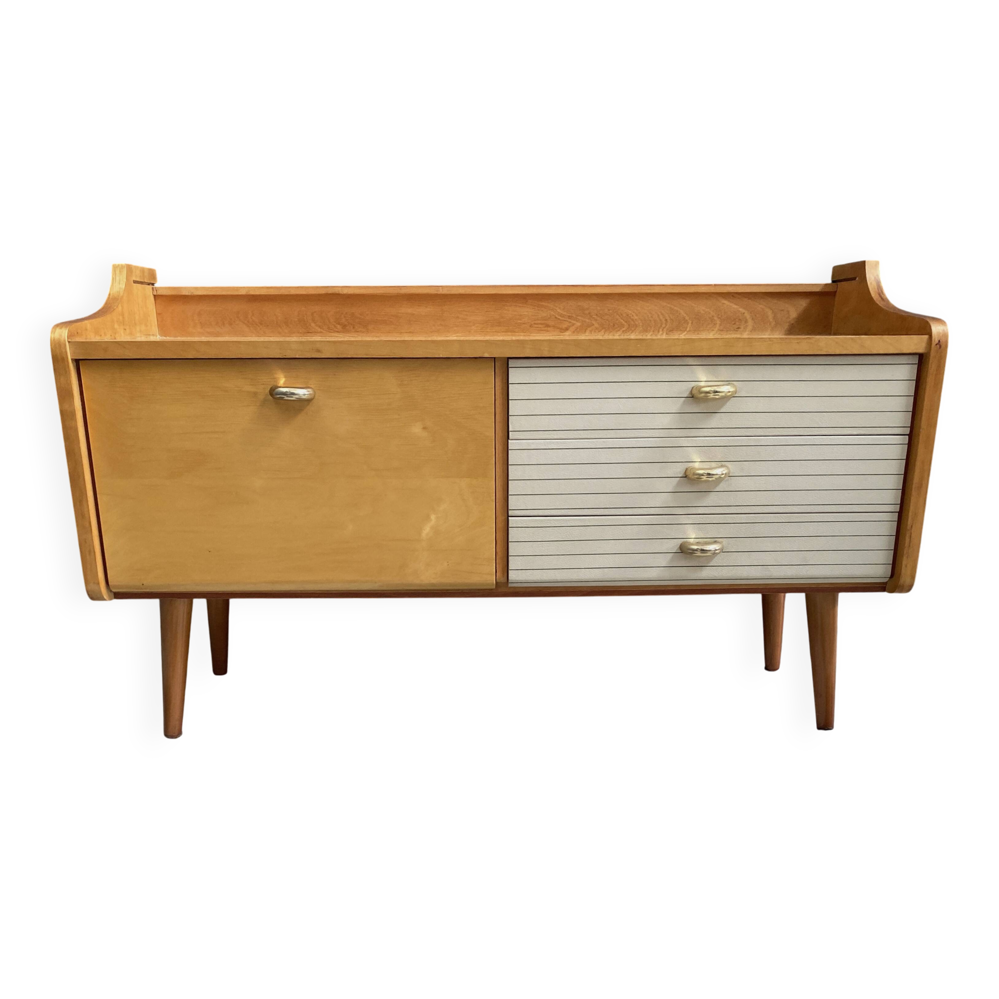 Low sideboard, white leatherette drawer fronts, 1960s