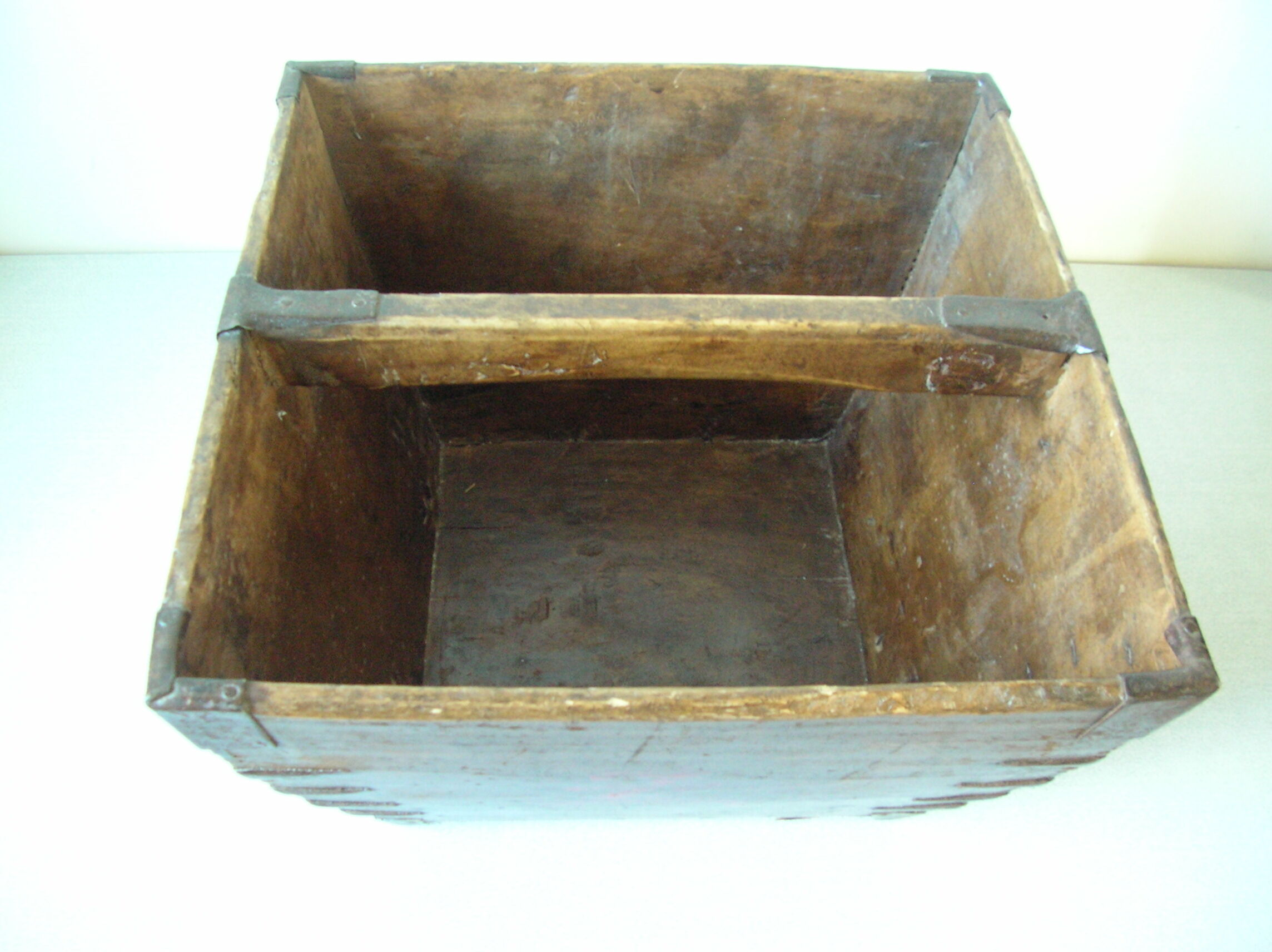 Old Asian Japanese Chinese rice basket in wood sinogram painted metal reinforcement