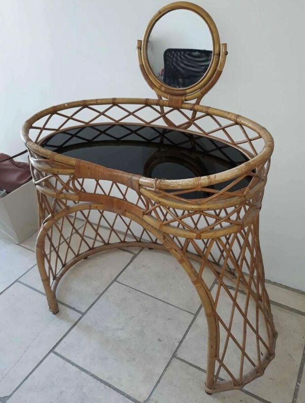 Coiffeuse en rotin vintage année 60