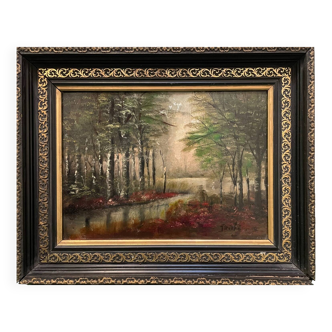 Tableau paysage de sous bois XXe