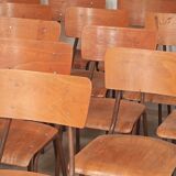 Set of 6 Czech school chairs in metal and wood, Kovona bistro style.