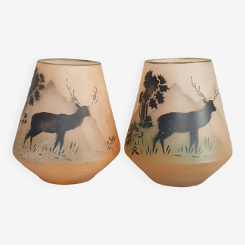 Couple of vases with deer decoration signed