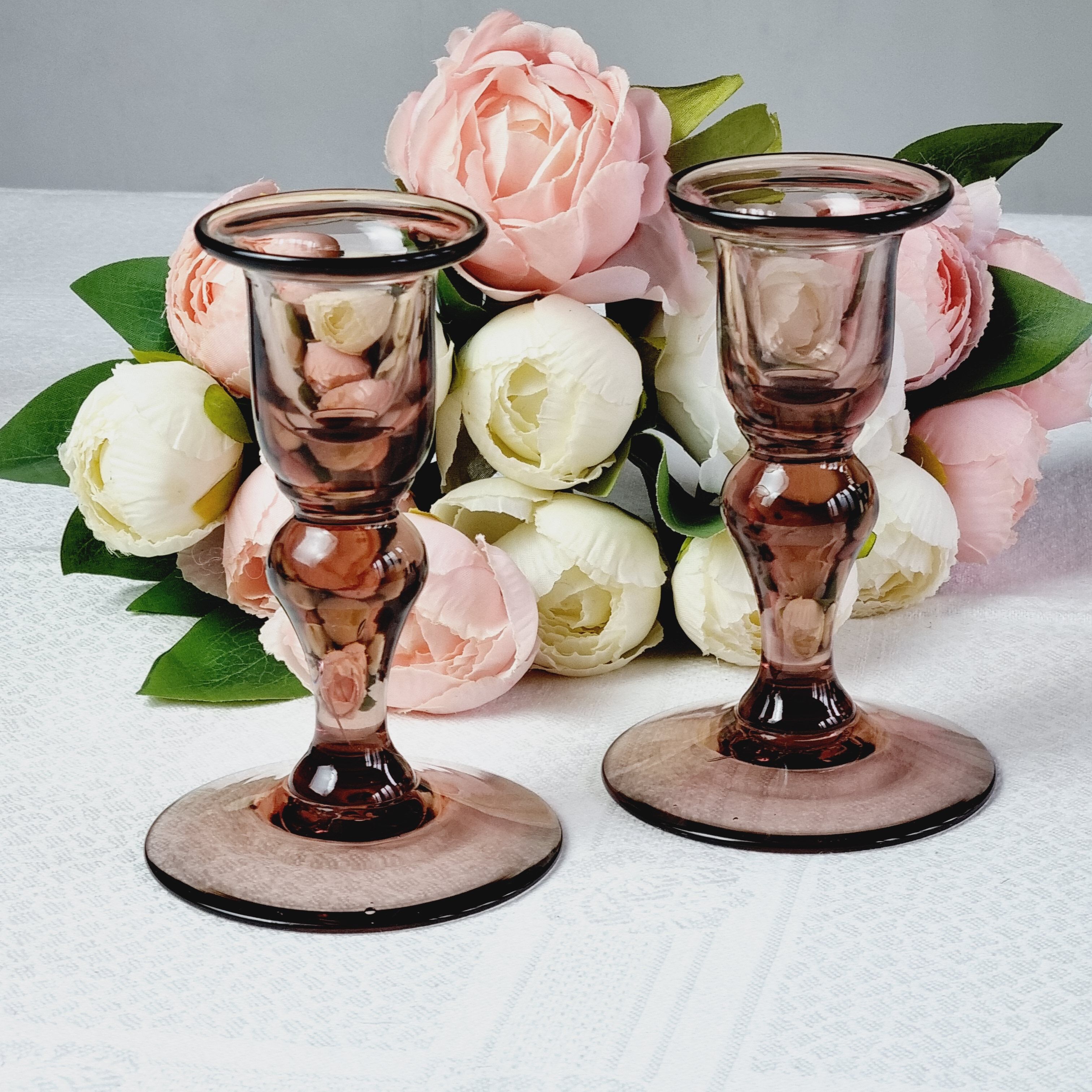 Set of 2 purple blown glass candle holders