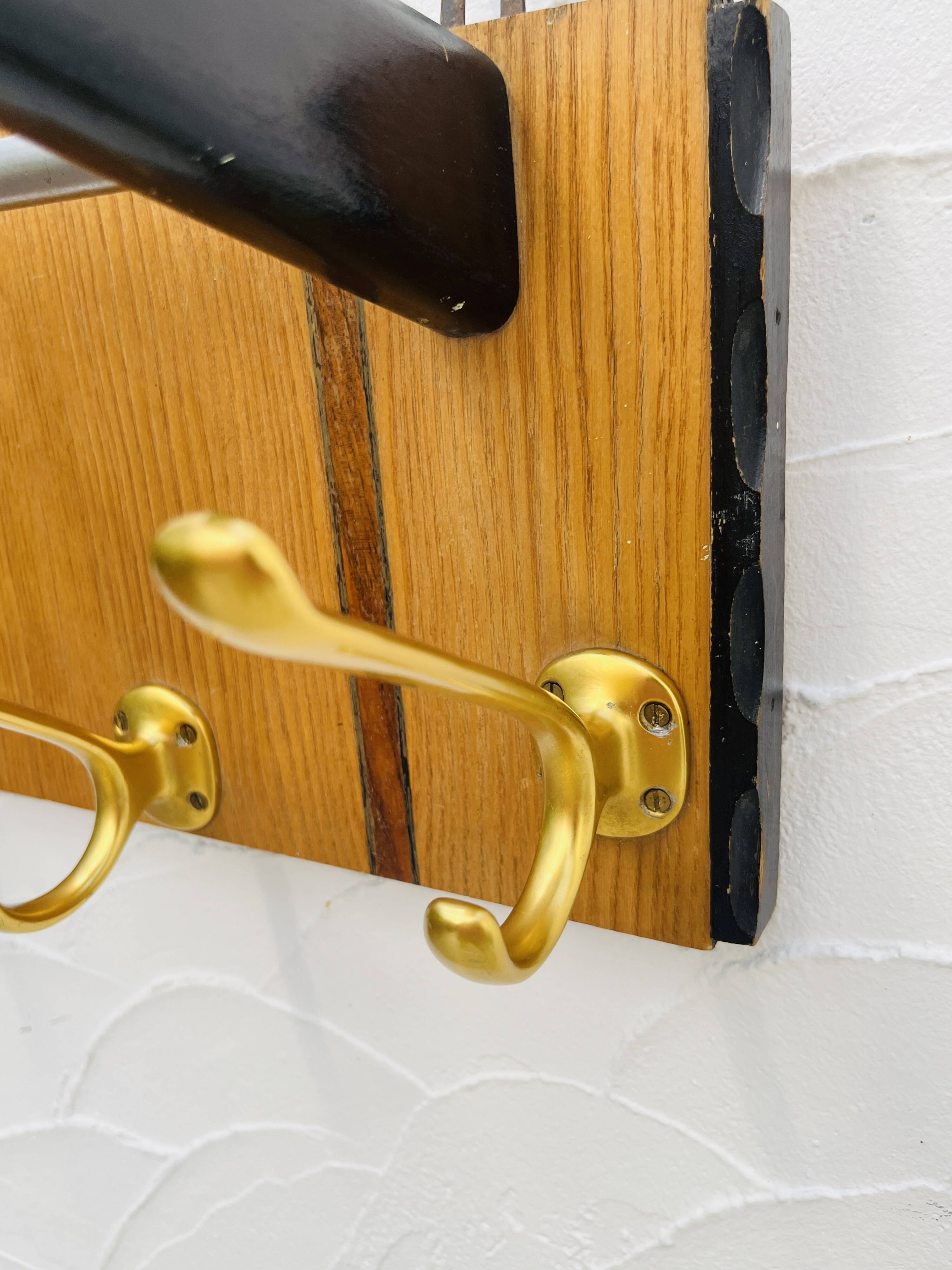 Vintage teak wall coat rack with mirror