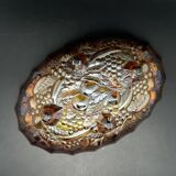 Large tinted glass bowl with fruit pattern