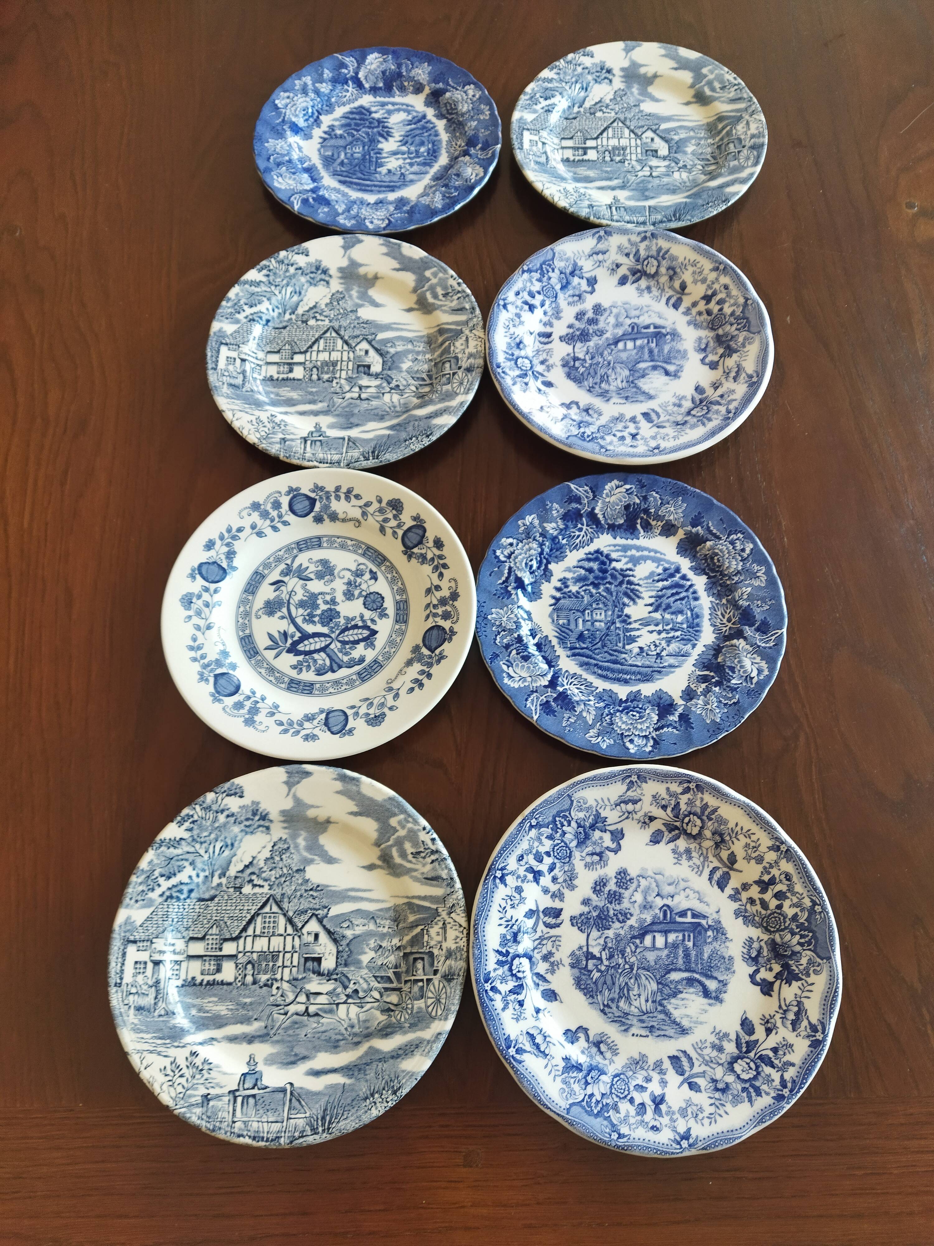 8 assiettes à dessert bleu & blanc Enoch Wood, Churchill & Lunéville