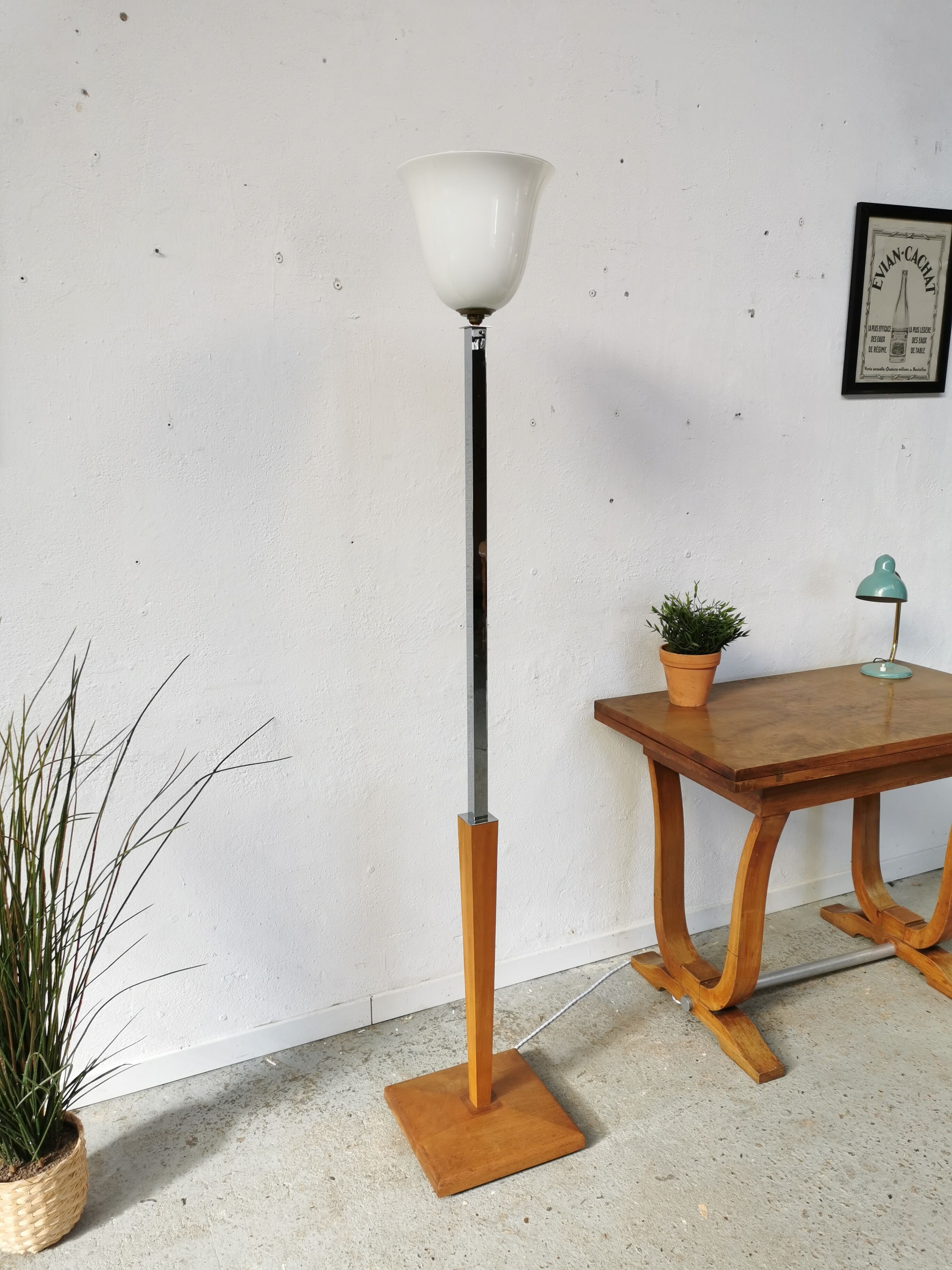 Art deco floor lamp Mazda chrome opaline wood