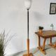Lampadaire art déco Mazda chrome bois opaline