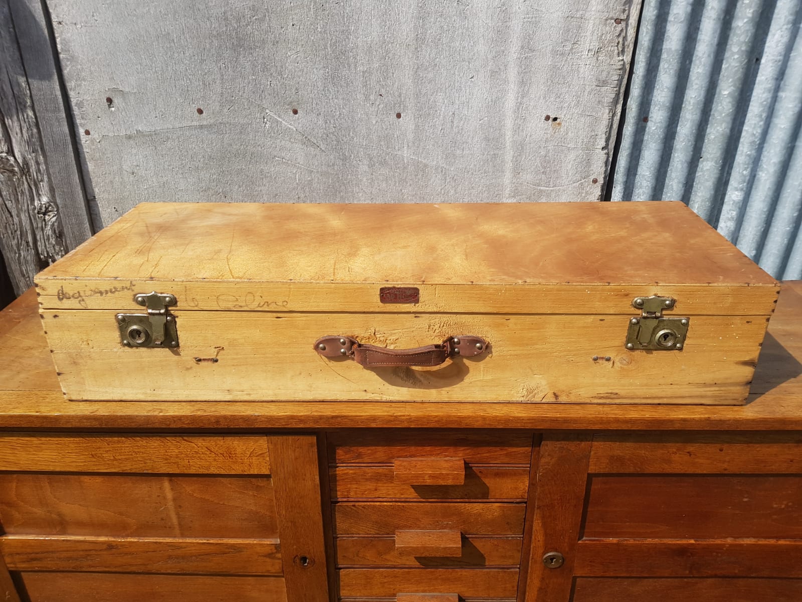 Former valise malle ad hoc wood leather anse vintage deco plate
