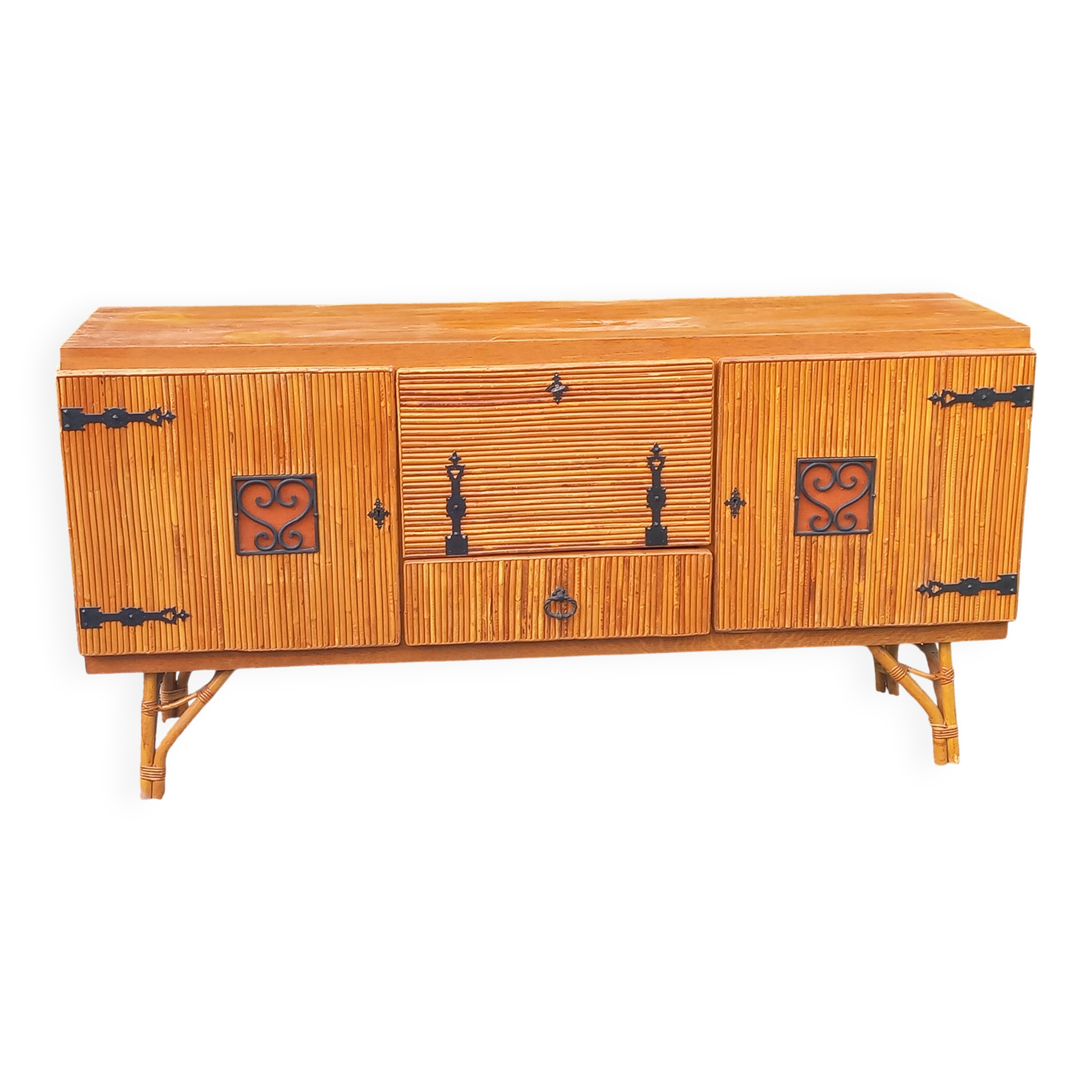 Bamboo and rattan enfilade attributed to Audoux and Minet.