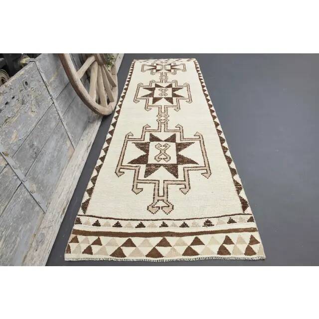 1970s Turkish Hand-Knotted Wool Cotton Beige Runner Rug 112x340