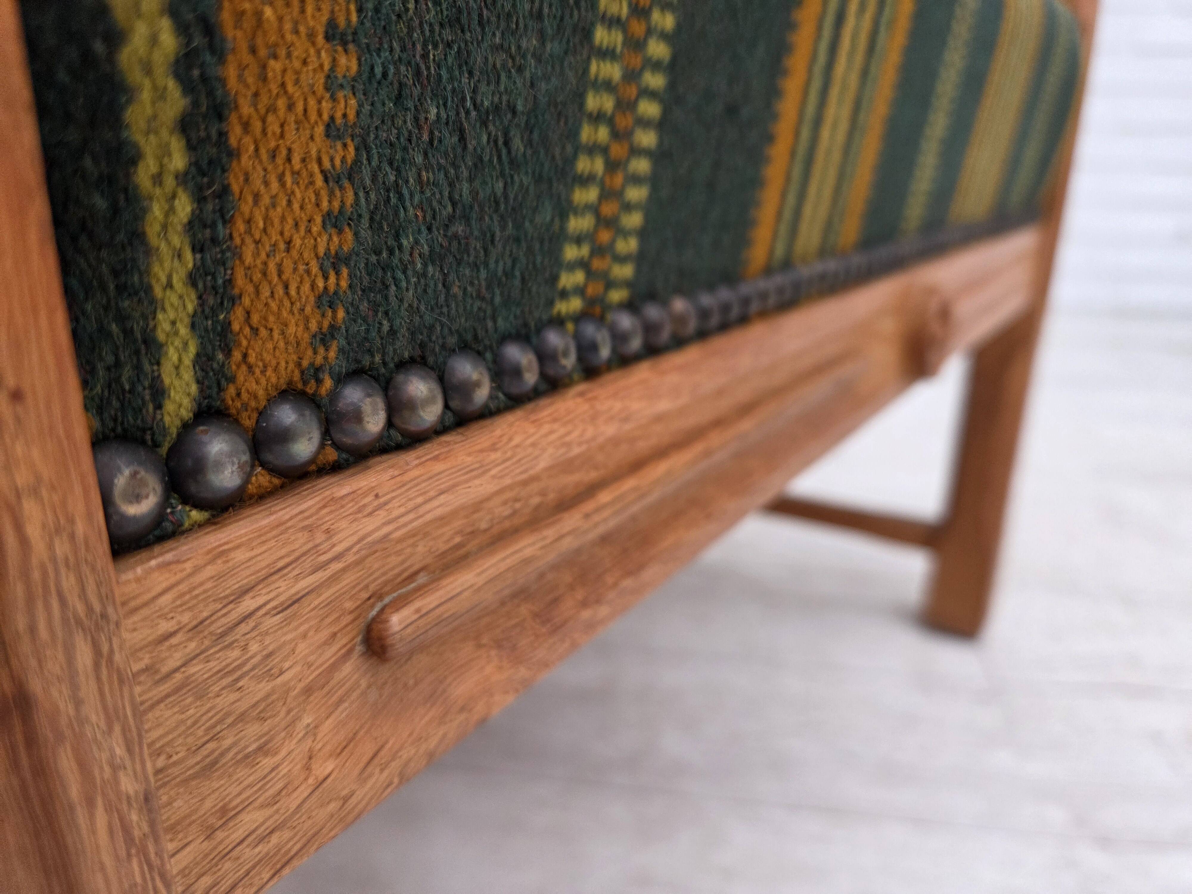 1970s, Danish armchair, green furniture wool, solid oak wood.