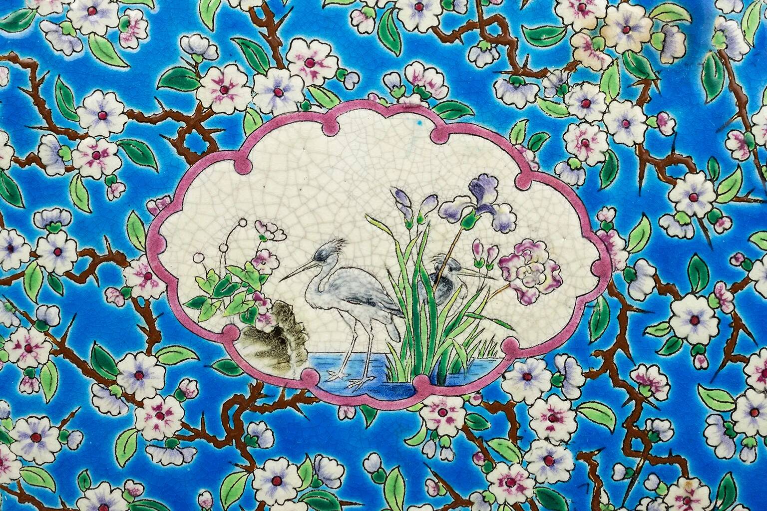 Enamelled earthenware plate – Apple blossom and cranes – Longwy, 1894