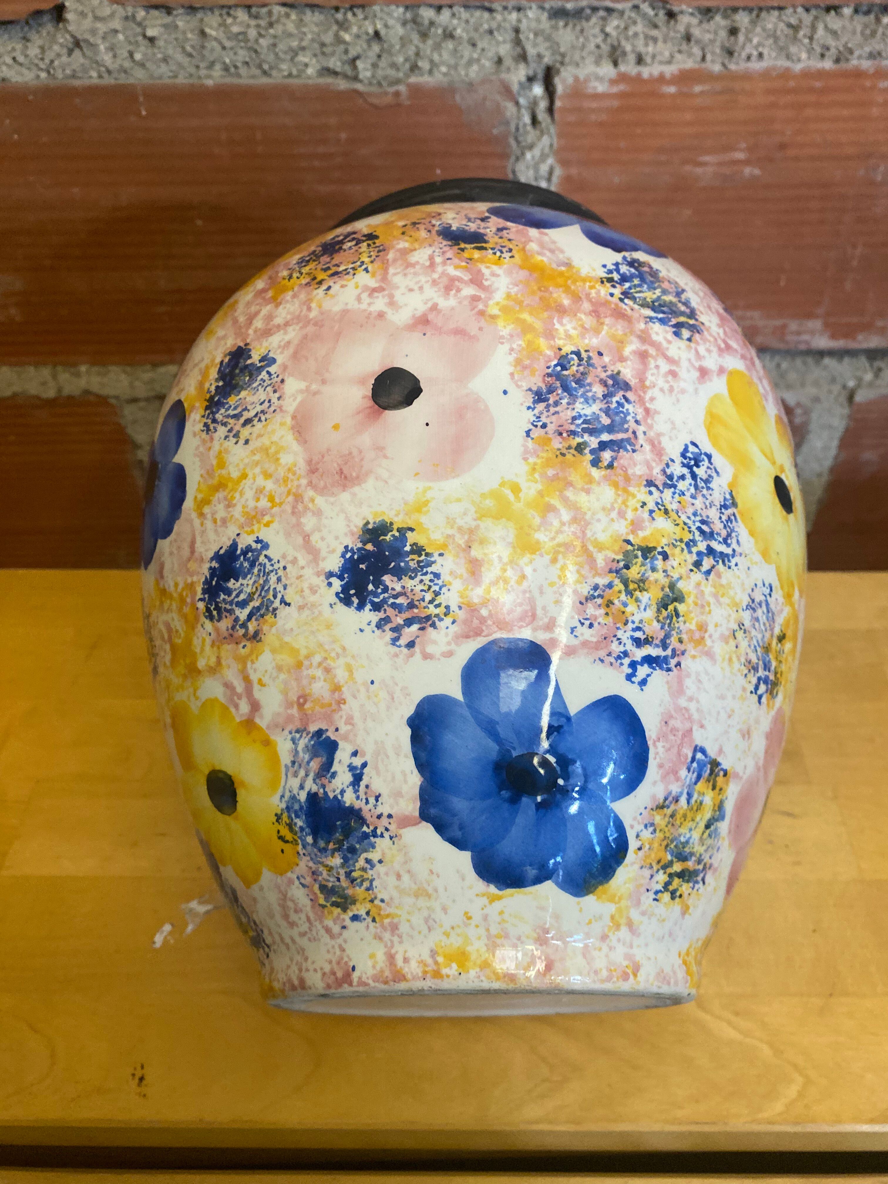 Vintage White Ceramic Round Vase with Polychrome Flower Decoration #D