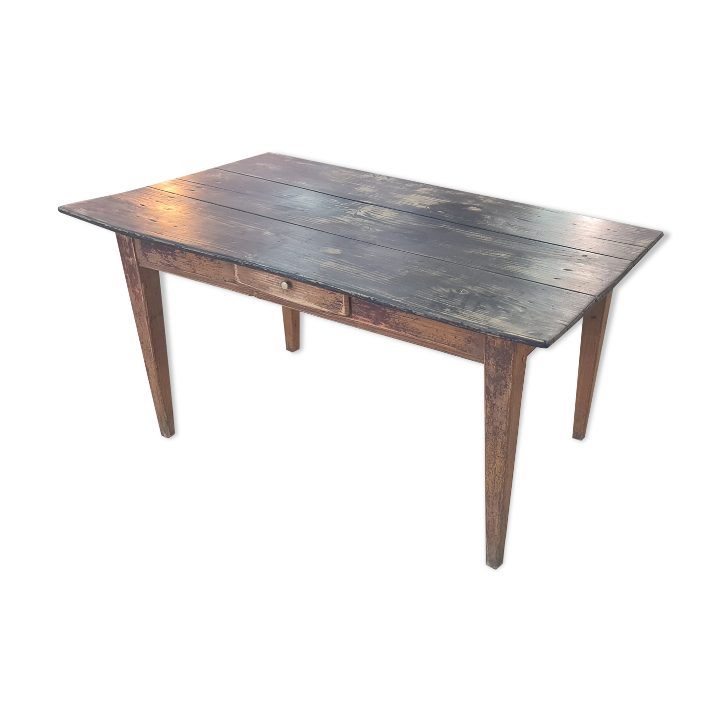 Old wooden table a drawer tray patina black waxed