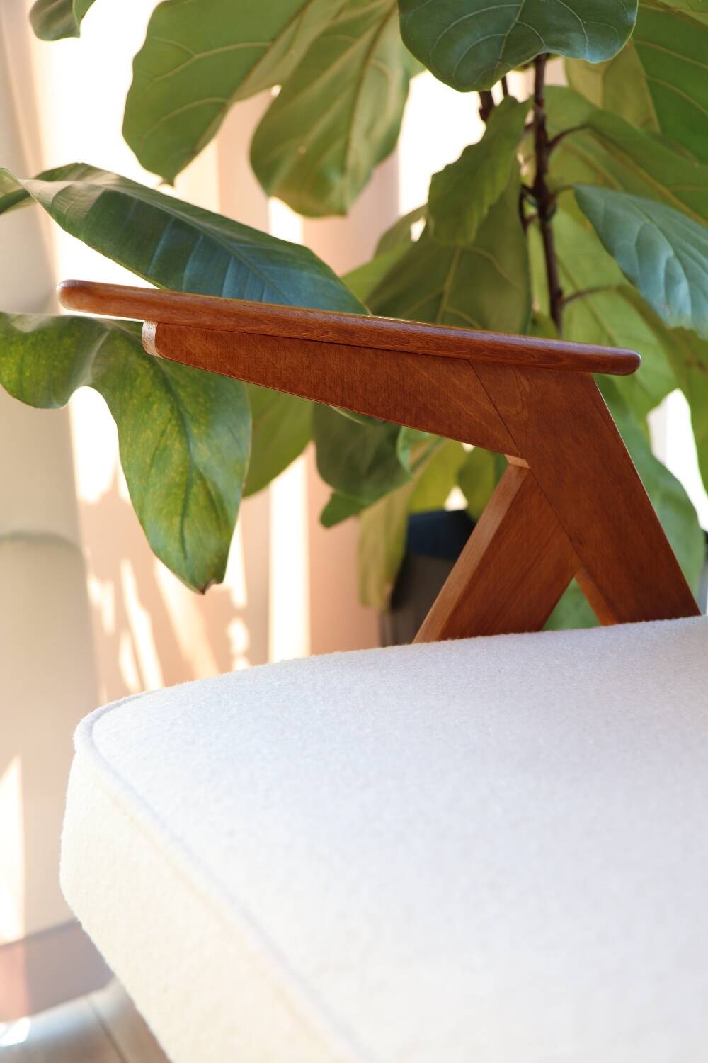 Vintage armchair white curly natural wood boho design by Chierowski 1970