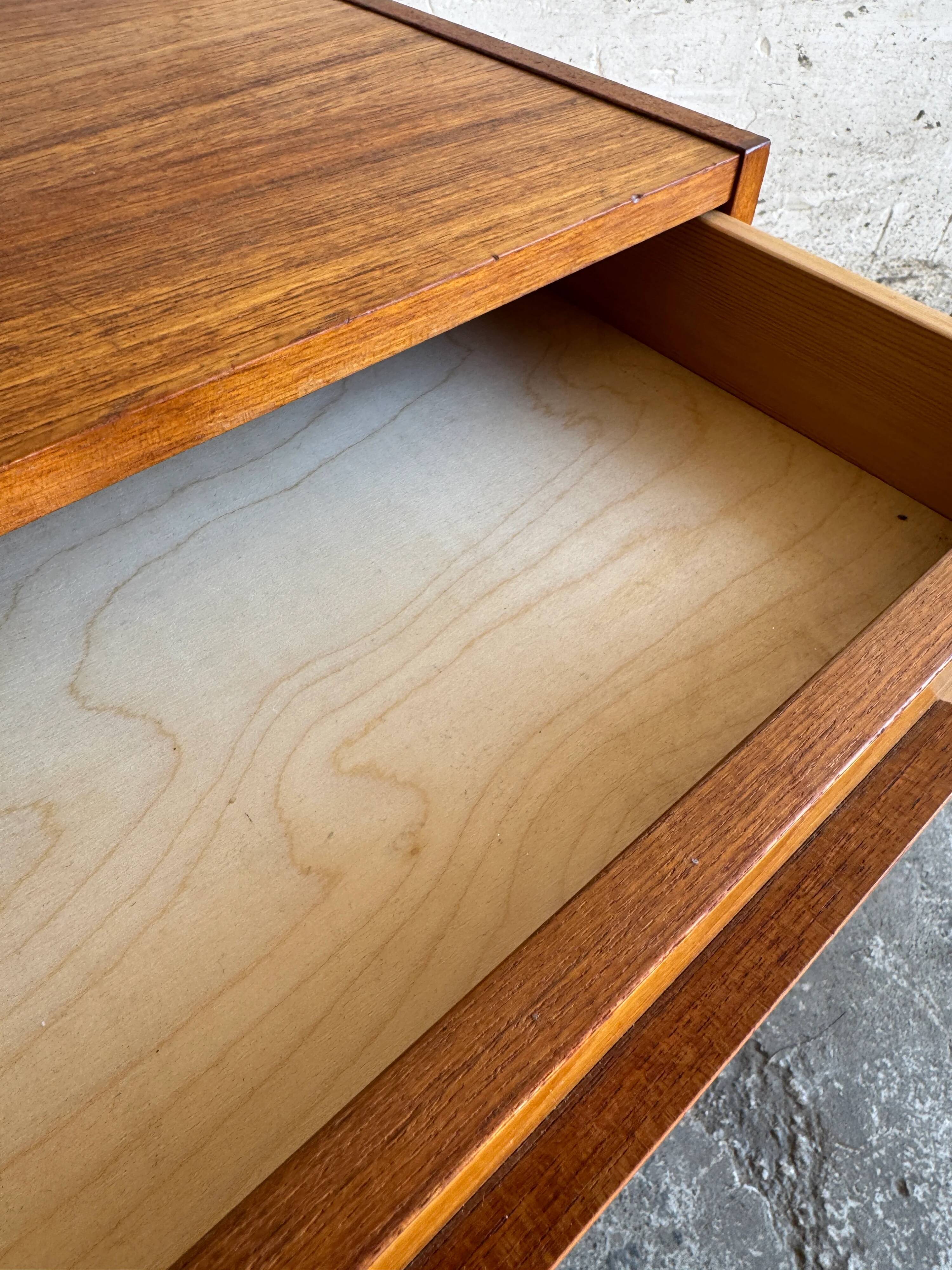 Low Danish Teak Cabinet by Millenium Design — Warm Teak Veneer, Two Drawers, Tapered Legs
