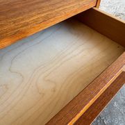 Low Danish Teak Cabinet by Millenium Design — Warm Teak Veneer, Two Drawers, Tapered Legs