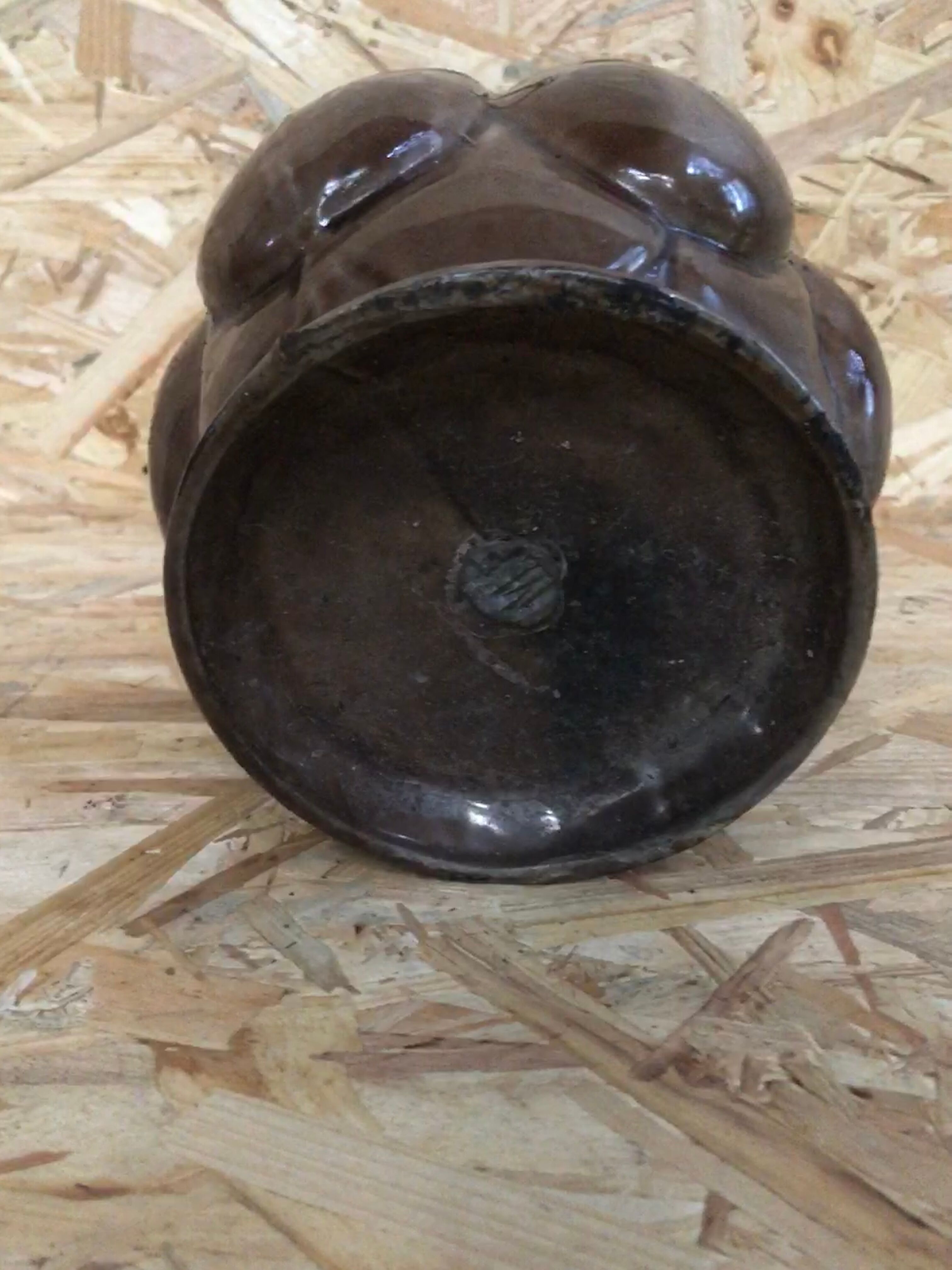 Old art deco vintage brown enameled cast iron plant pot