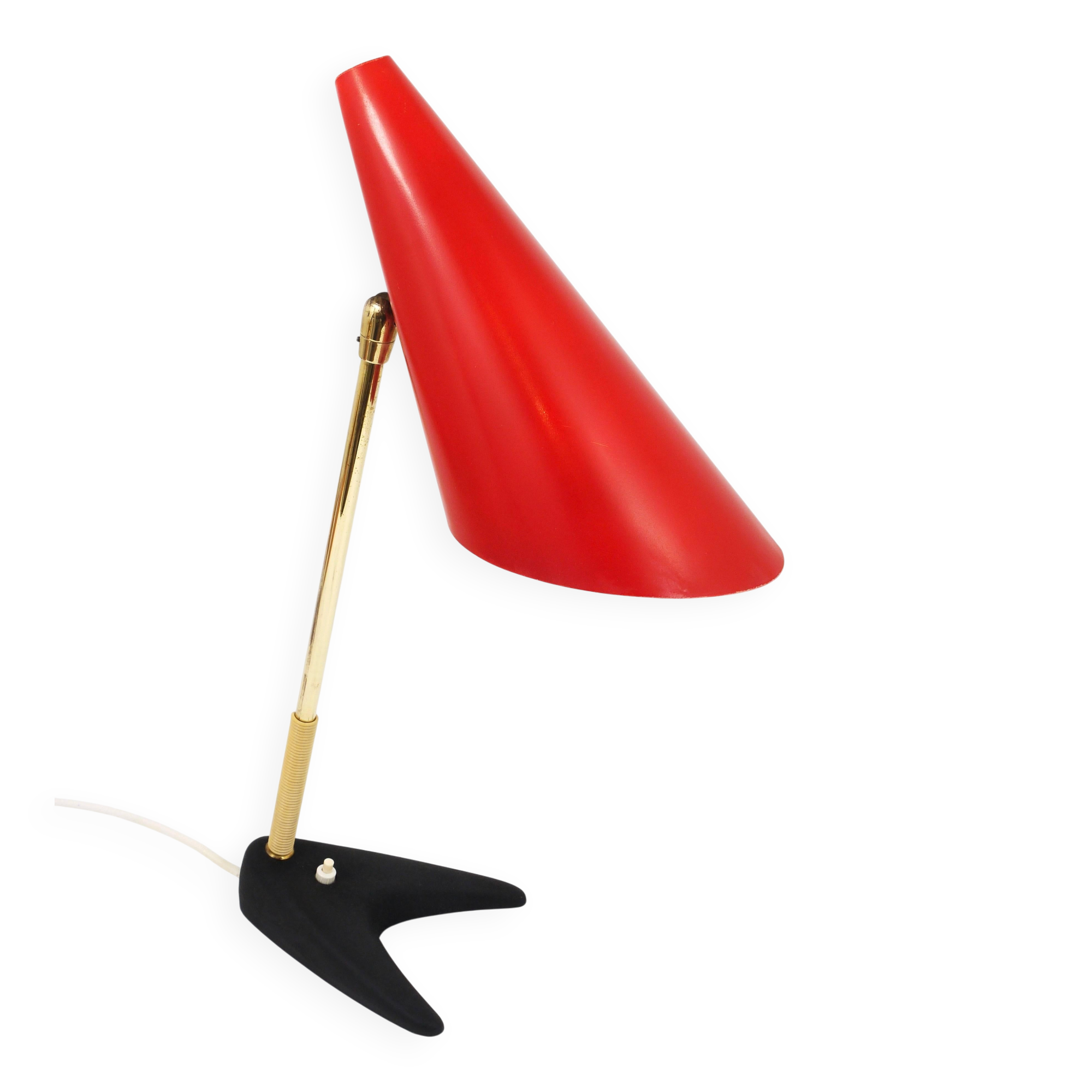 Red brass table lamp in the style of J.T. Kalmar, mid-century, Vienna, Austria, 1950s.