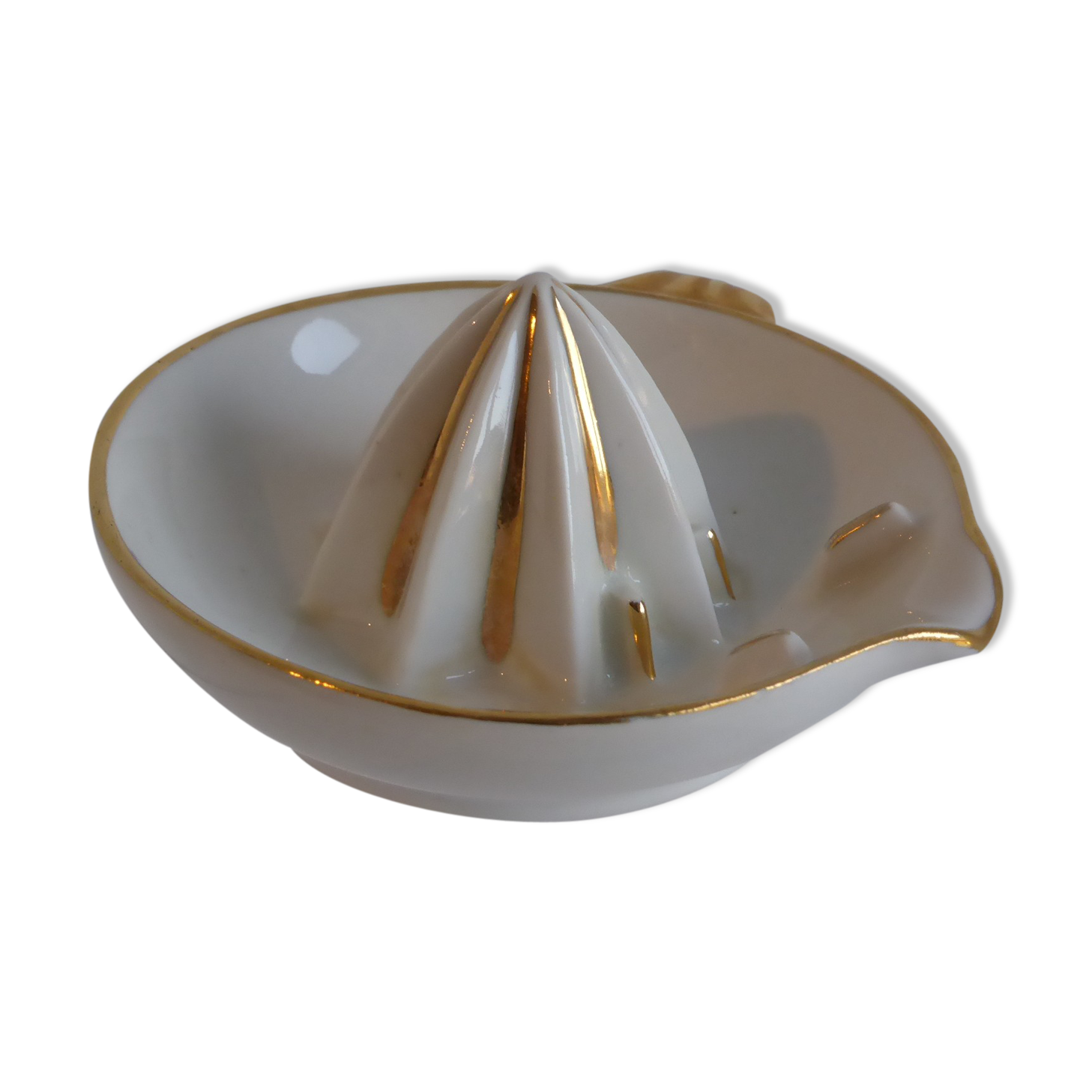 Presse-citron ancien en porcelaine de Limoges blanc et doré