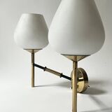 2 double wall lights in brass and white opaline glass, Arlus design 1950