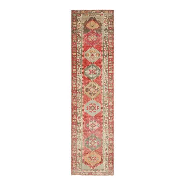 1970s vintage Turkish hand-knotted wool cotton red runner rug 110x361