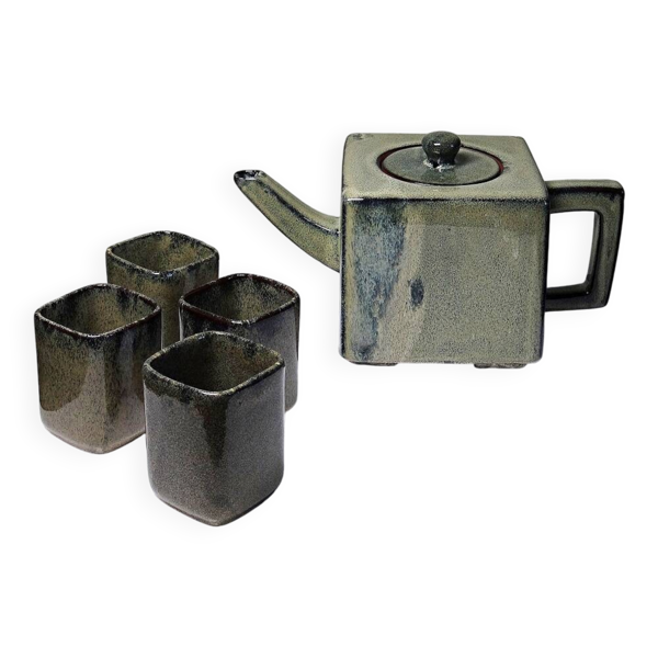 Service à thé chinois en terre cuite émaillée, théière et 4 tasses, années 1980