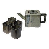 Service à thé chinois en terre cuite émaillée, théière et 4 tasses, années 1980