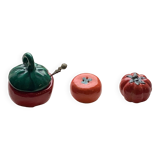 Salt pots and mustard pot, in enameled ceramic, slip, in the shape of a tomato, vintage